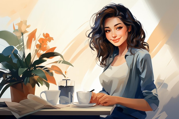 illustration d'une femme avec un café au bureau