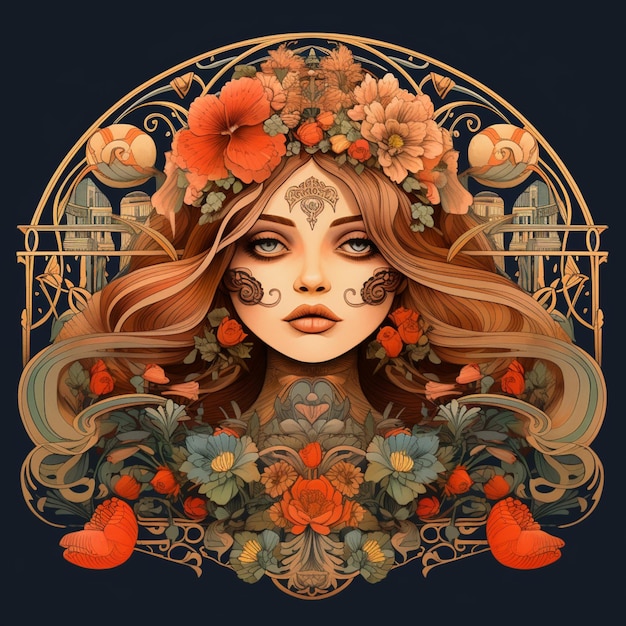 illustration d'une femme avec un casque floral et des roses générative ai