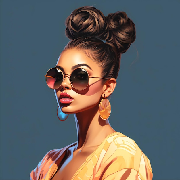 illustration femme avec une coiffure chignon portant des lunettes de soleil