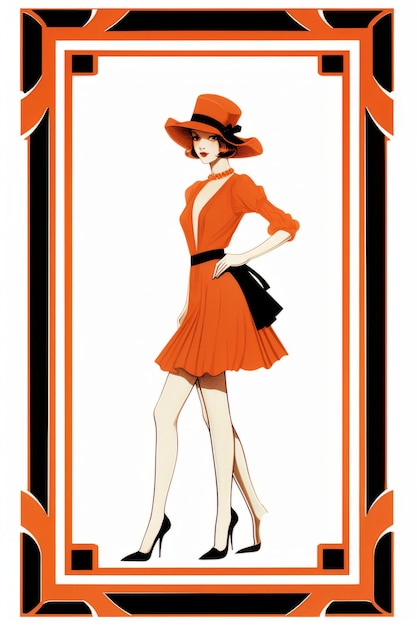 une illustration d'une femme dans une robe et un chapeau orange