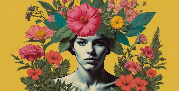 Photo illustration d'une femme décorée de belles fleurs collage de style rétro des années 80