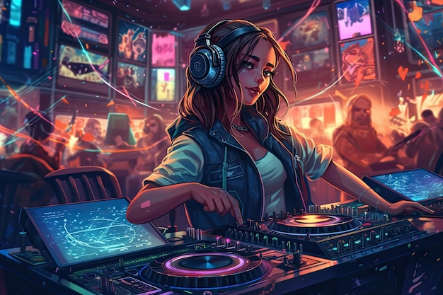 L'illustration d'une femme DJ jouant de la musique dans une boîte de nuit est une image dynamique et énergique qui capture l'atmosphère vibrante et animée de la vie nocturne AI générative