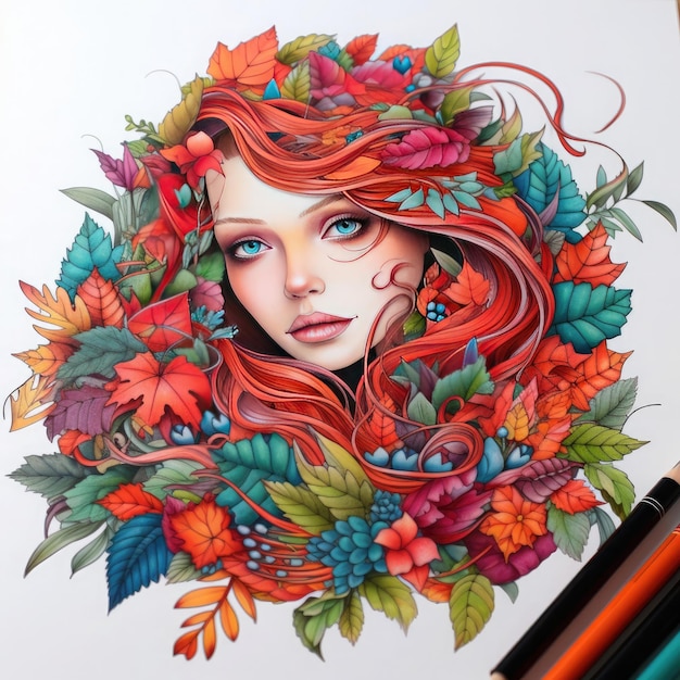 Illustration de la femme avec des feuilles et des fleurs concept art