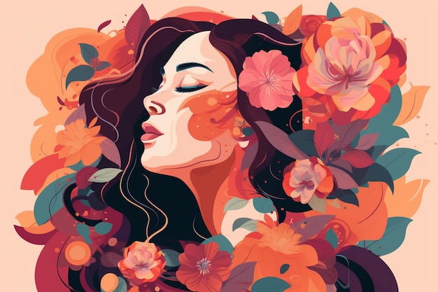 Illustration d'une femme avec des fleurs dans les cheveux ai générative