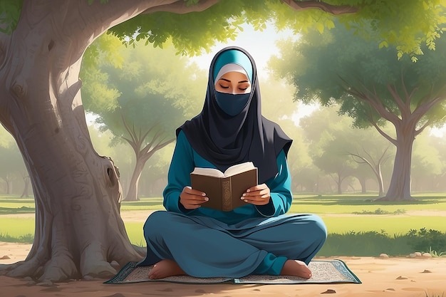 Illustration d'une femme en hijab assise sous un arbre Elle a été vue tenant un texte sacré