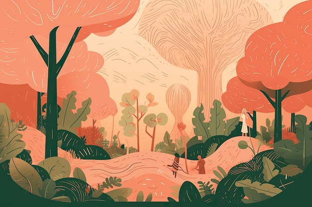 Une illustration d'une femme et d'un homme dans une forêt.