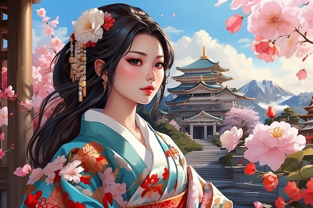 illustration d'une femme japonaise portant un kimono