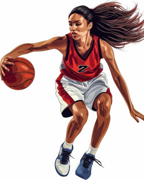 Illustration d'une femme jouant au basket avec des couleurs vives et de l'action isolée sur un fond copyspace