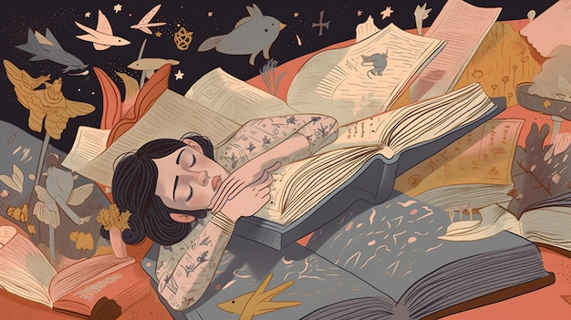 Une illustration d'une femme lisant un livre avec les mots "le livre" sur la couverture.