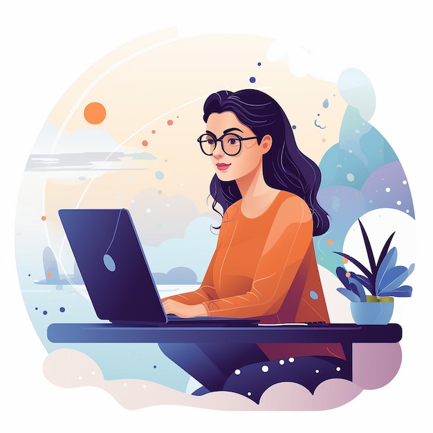 Illustration d'une femme avec des lunettes au bureau