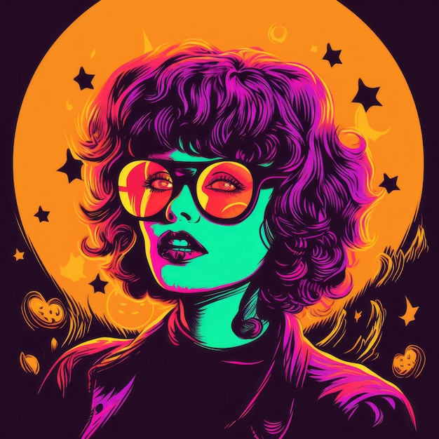 une illustration d'une femme avec des lunettes et des étoiles sur son visage