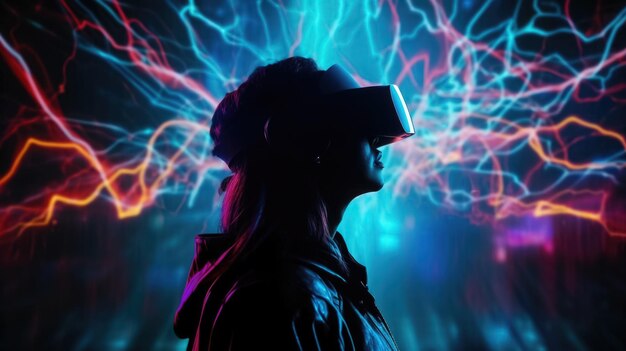 Photo illustration d'une femme avec des lunettes de réalité virtuelle concept de technologie future ai générative