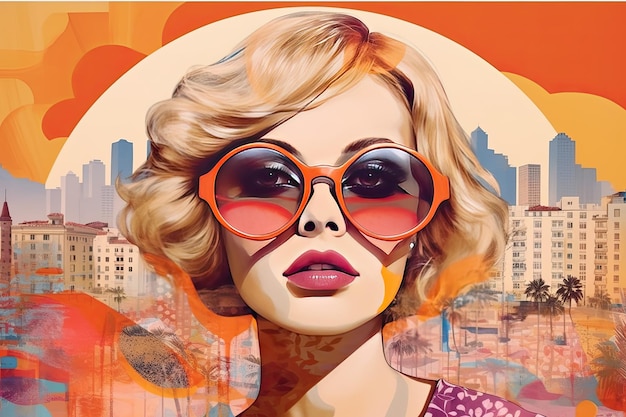 Illustration d'une femme avec des lunettes de soleil dans un style inspiré du pop art et de la composition onirique voyage rétro glamour Generative AI