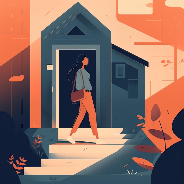 Une illustration d'une femme marchant devant une maison.
