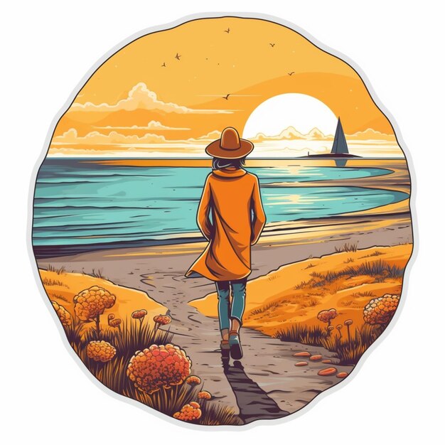 Illustration d'une femme marchant sur la plage.