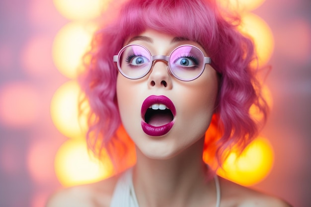 illustration d'une femme de mode aux cheveux colorés montrant une expression excitée pose sur un fond