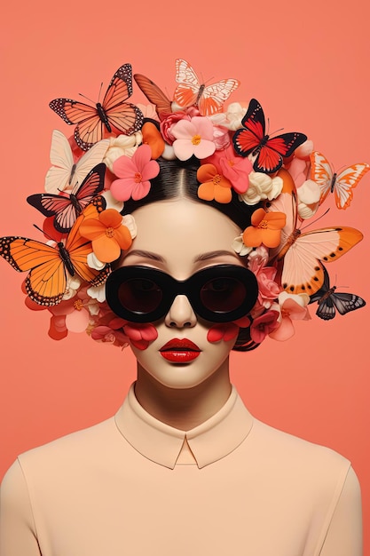Photo une illustration d'une femme avec des papillons sur son visage dans le style d'un maître de collage