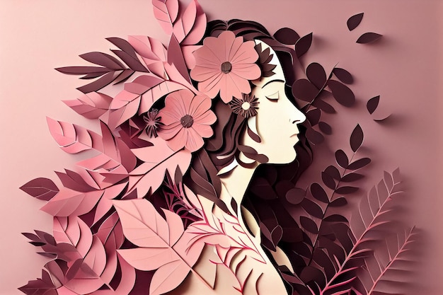 Illustration de femme à partir d'éléments en papier avec des fleurs ai