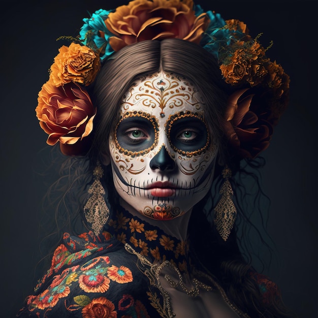 illustration d'une femme portant du maquillage et s'habillant dans le crâne Jour des Morts ou Da de los Muertos