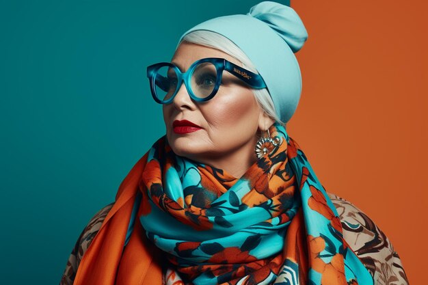 illustration d'une femme portant des lunettes et un turban pose sur un fond coloré