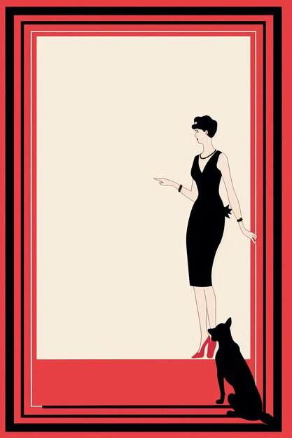 Photo une illustration d'une femme en robe noire avec un chien devant un cadre rouge