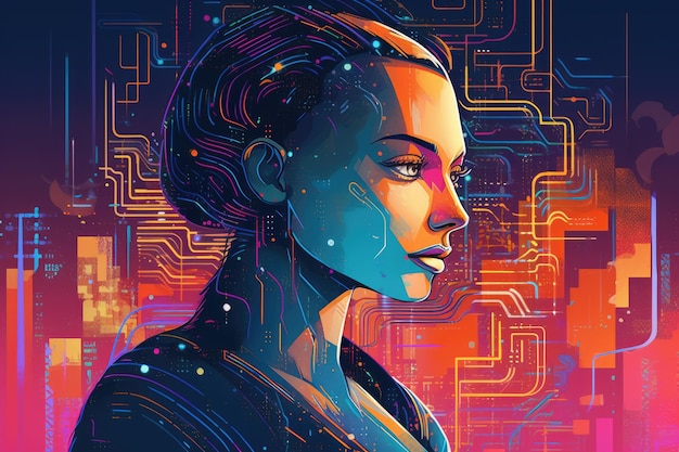 Illustration de femme robot futuriste abstraite et rétro avec effet néon laser à plusieurs couleurs