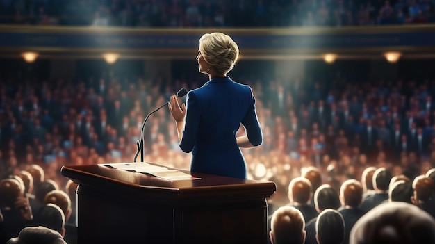 Photo illustration d'une femme s'adressant au public lors d'un vote présidentiel