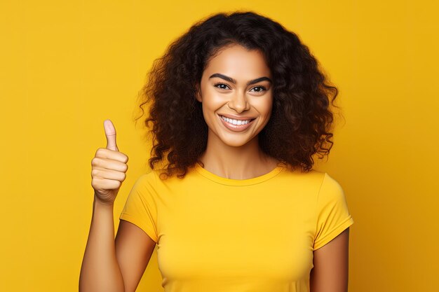 Illustration d'une femme souriante à fond jaune IA générative