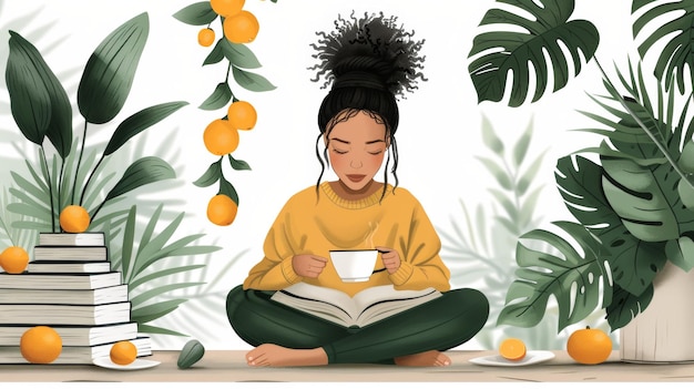 illustration femme tenant une tasse de café pendant le petit déjeuner et la lecture d'un livre