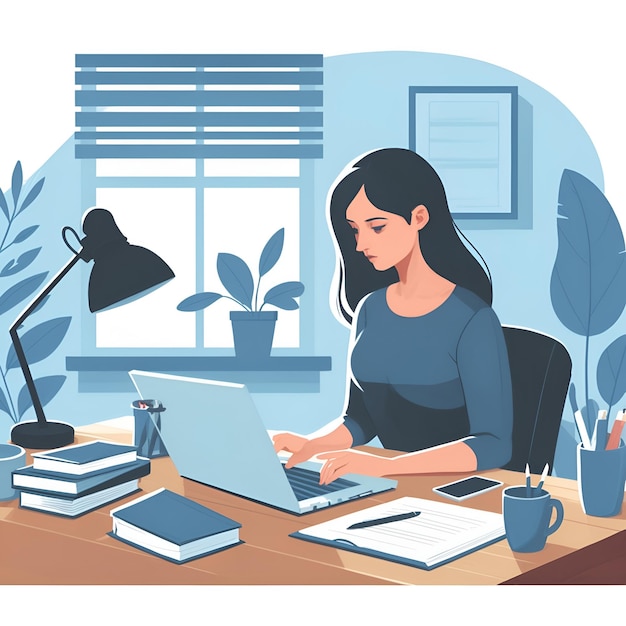 Illustration d'une femme travaillant dans le bureau d'art plat vectoriel de couleur générée par l'IA