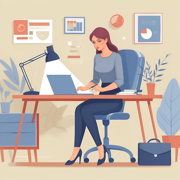 Illustration d'une femme travaillant dans le bureau d'art plat vectoriel de couleur générée par l'IA