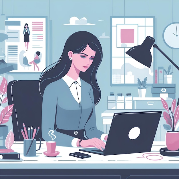 Illustration d'une femme travaillant dans le bureau d'art plat vectoriel de couleur générée par l'IA