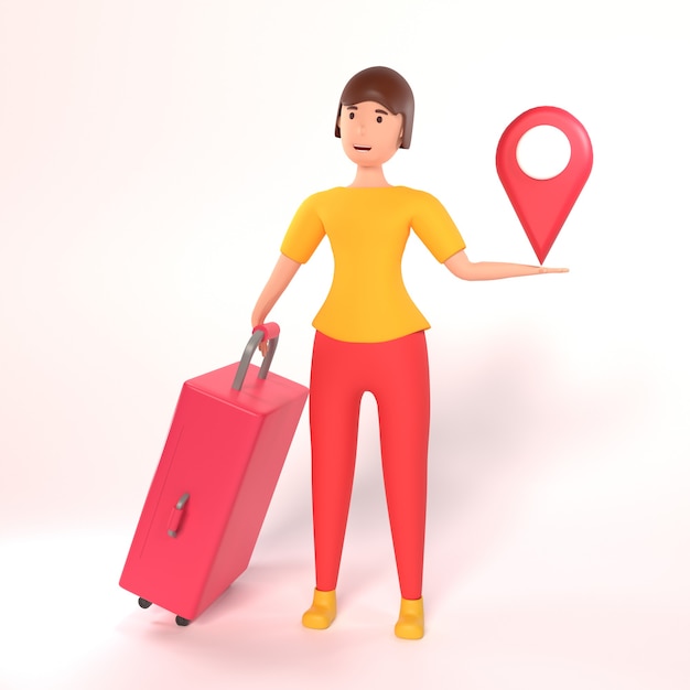 Illustration de femme voyageur 3D avec icône de localisation et bagages. Illustration de femme isolée avec bagage et icône de localisation. Concept de voyage avec personnage de femme 3d