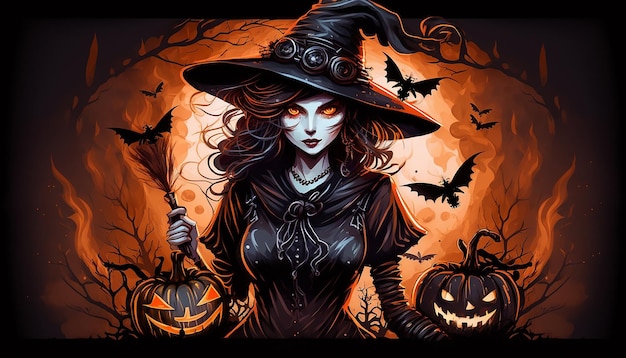 Illustration de femmes effrayantes dans un costume de sorcière pour fond d'Halloween Generative ai
