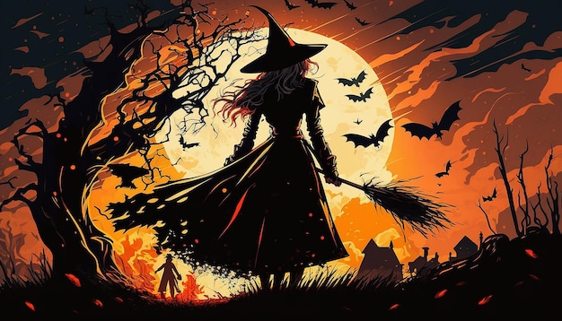 Illustration de femmes effrayantes dans un costume de sorcière pour fond d'Halloween Generative ai