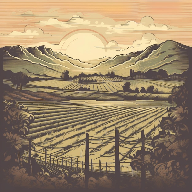 Photo illustration d'une ferme avec une clôture et un coucher de soleil en arrière-plan