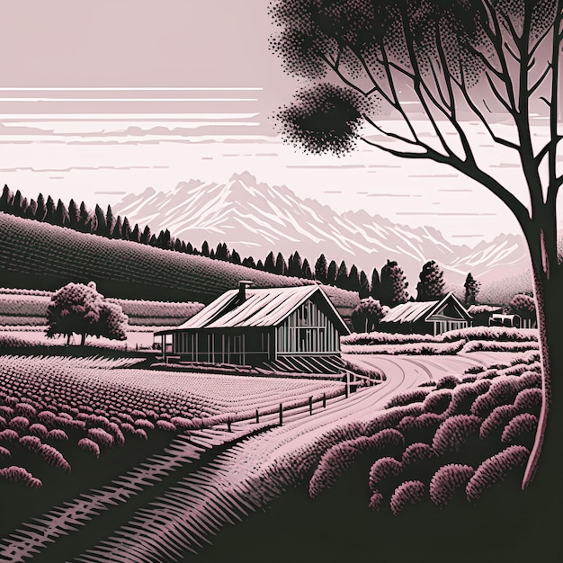 Photo illustration d'une ferme rurale avec un paysage naturel en arrière-plan