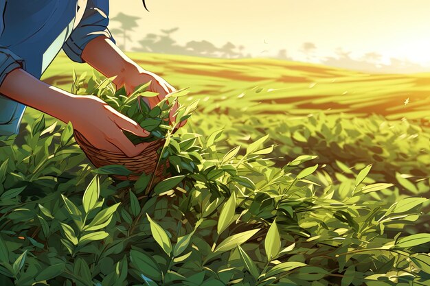 Photo l'illustration d'un fermier qui cueille des feuilles de thé