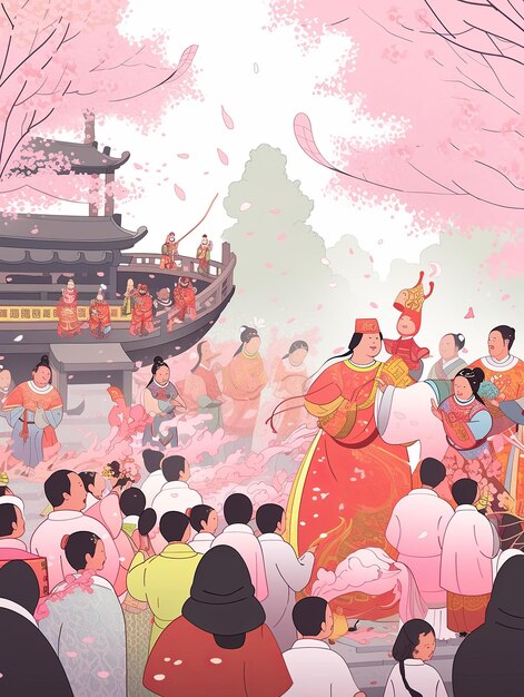 illustration Le festival de Ching Ming en rose