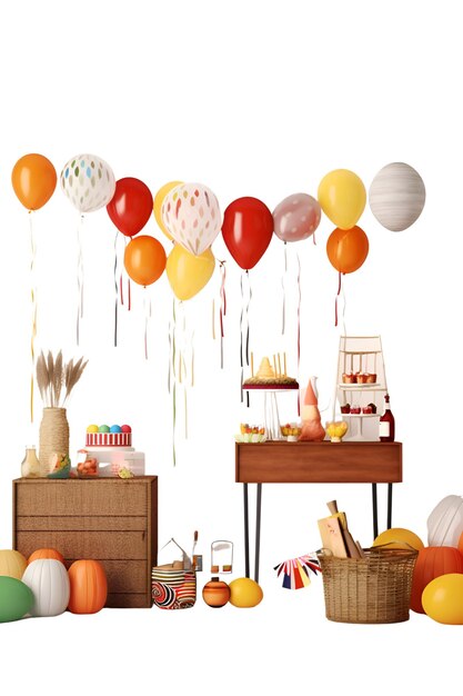 Photo illustration d'une fête d'anniversaire avec des ballons et du gâteau sur fond blanc