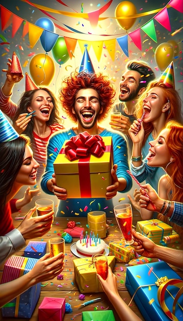 Illustration de fête d'anniversaire vibrante avec des cadeaux, des ballons et des personnages heureux