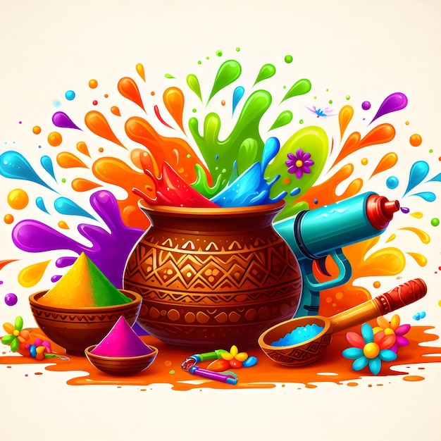 L'illustration de la fête de l'Holi avec des éclaboussures liquides colorées dans un pot d'argile et un canon à eau