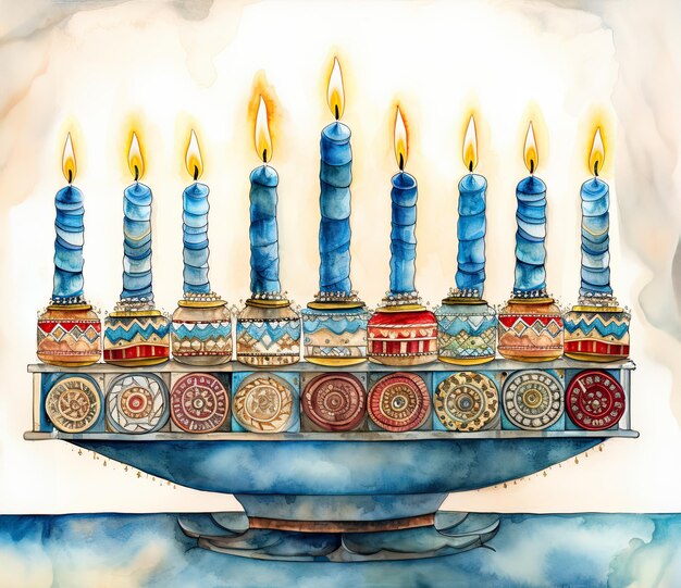 Illustration de la fête juive de Hanouka avec une menorah et des chandeliers traditionnels Aquarelle