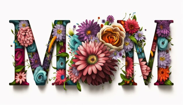 Photo illustration de la fête des mères du texte de maman fait avec des fleurs ai générative