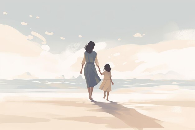 Illustration de la fête des mères avec une mère et un enfant de style minimaliste profitant d'une journée paisible à la plage