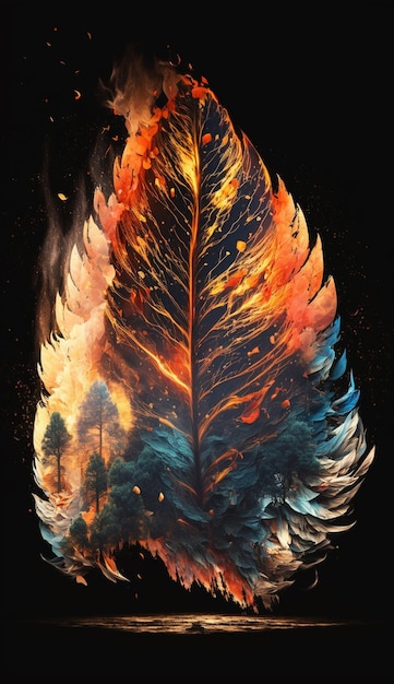 Une illustration de feu et de plumes avec un feu brûlant et les mots feu et fumée en bas.