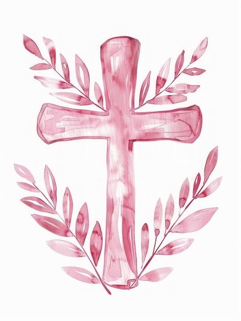 Illustration de feuillage religieux à l'aquarelle avec IA générative de croix rose isolée