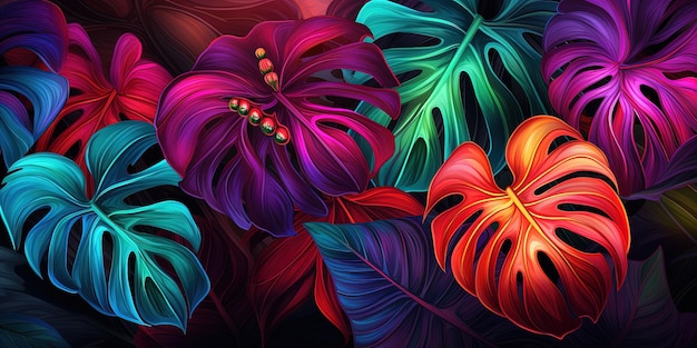 Illustration de feuilles de néon Monstera deliciosa poussant dans la forêt tropicale pour des éléments de conception créatifs