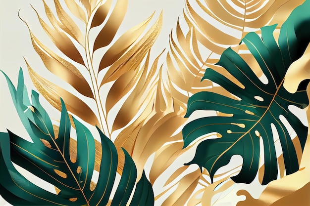 Illustration de feuilles tropicales dorées et vertes AI générative