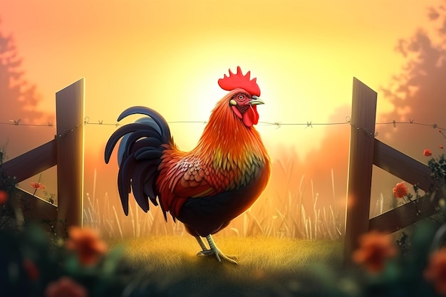 Illustration d'un fier coq qui chante au lever du soleil sur fond de clôture et de lever de soleil